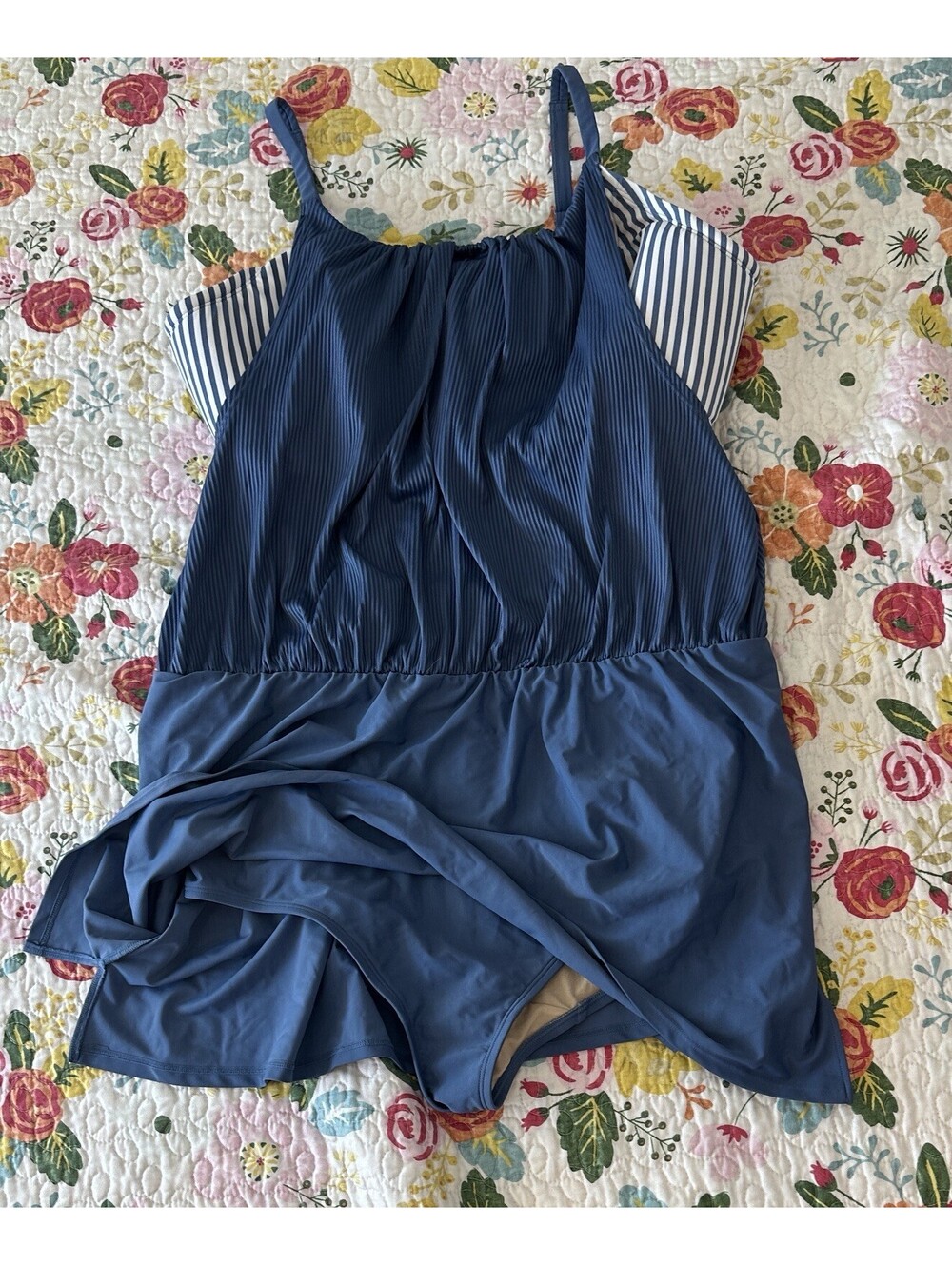 NWTS Cacique Lane Bryant Blue & White One Piece Attached Skirt  Swimsuit Size 24